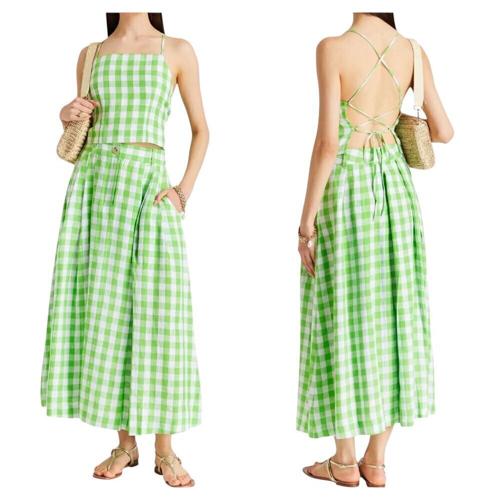 Mara Hoffman Carrie Cropped Checkered Top Green White XL NWT